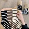5 Pairs of Black and White Striped Mid-Calf Socks: Autumn/Winter Korean-Inspired Academy Style