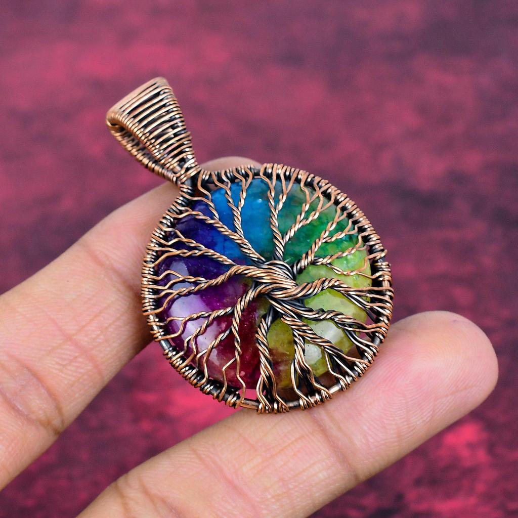 Tree Of Life Rainbow Solar Quartz Druzy Gemstone Pendant Copper Wire Wrap Pendant