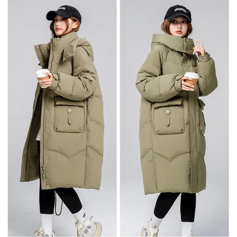 Women's Autumn and Winter Coat Solid Color Stand Collar Hooded Loose Thickened Windproof Mid-length Women's Jacket