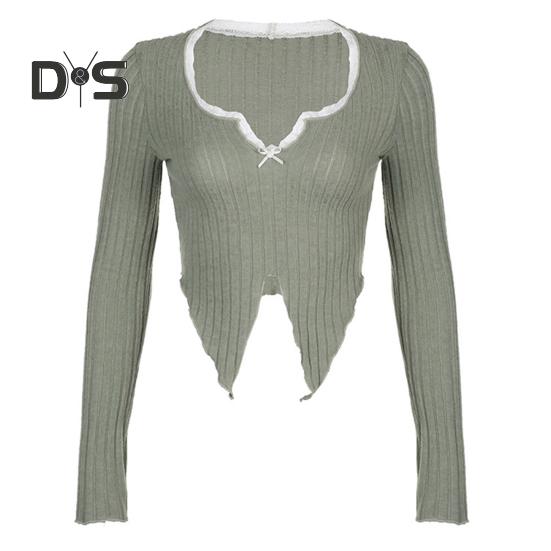 Women Tops V-Neck Lace Stitching Long Sleeve Irregular Hem Pullover Tops Solid Color Ribbed Slim Fit Cropped Tops