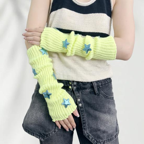 Knitted Arm Warmers Girls Fingerless Long Wrist Gloves Winter Star Arm Sleeves with Thumb