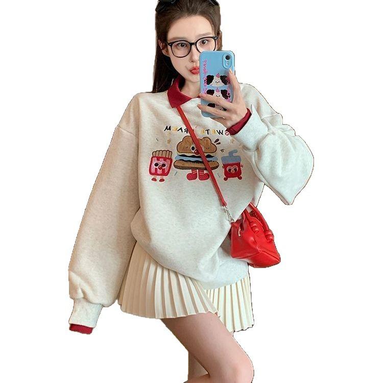 Women's College-Style Color-Block Cartoon Polo Sweatshirt for Spring and Autumn 2025 - Stylish, Youthful, Petite Fit