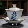 Vintage Firewood Hand Painted Gaiwan, Ceramic Blue and White Ceremony Bowl, Kung Fu Tea Set, Stoneware Brewing Cover, Tureen