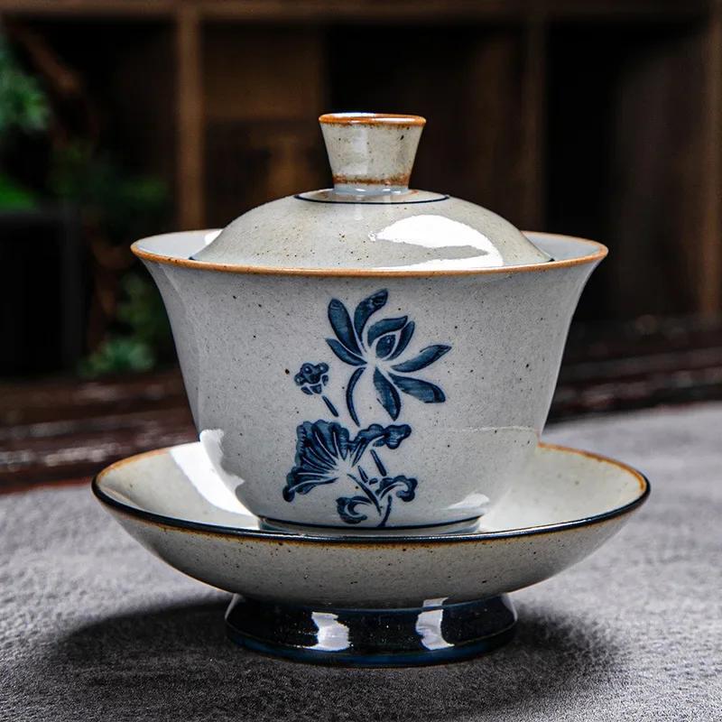 Vintage Firewood Hand Painted Gaiwan, Ceramic Blue and White Ceremony Bowl, Kung Fu Tea Set, Stoneware Brewing Cover, Tureen