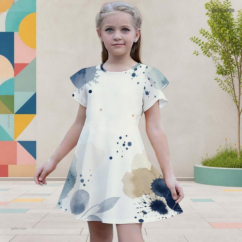 Little Girls Round Neck Flutter Sleeve Leaf Printed A Line Flared Dress