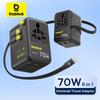 Baseus GaN Charger Universal Travel Adapter Built In 70W Retractable Cable 2AC 2 USB-A Type-C Fast Charging EU/UK/USA/AUS