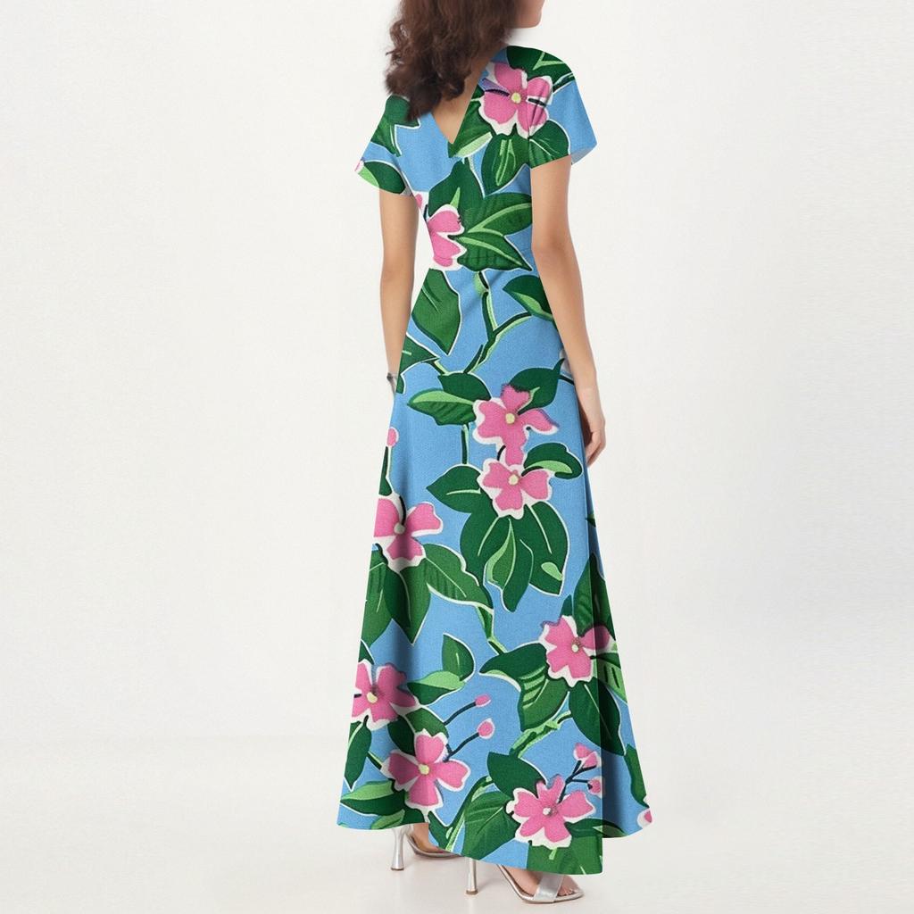Lässiges Damenkleid mit V-Ausschnitt, kurzen Ärmeln und hoher Taille, Retro-Blumenblatt-Print
