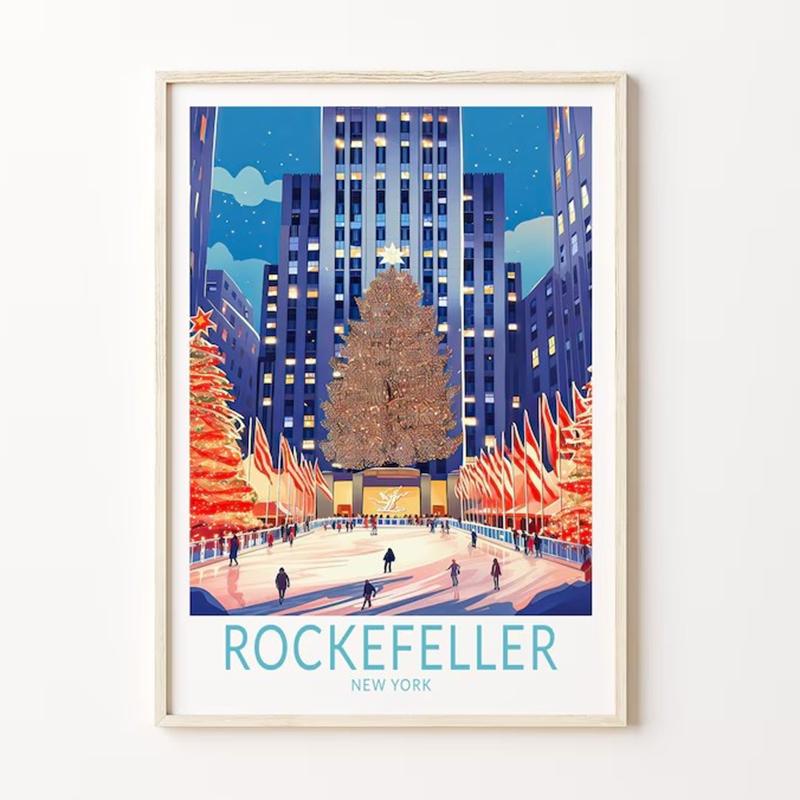 Christmas in New York Rockefeller Plaza Poster, New York City Travel Poster, Christmas Wall Art, Home Decor Gifts 21X30CMNo Framed