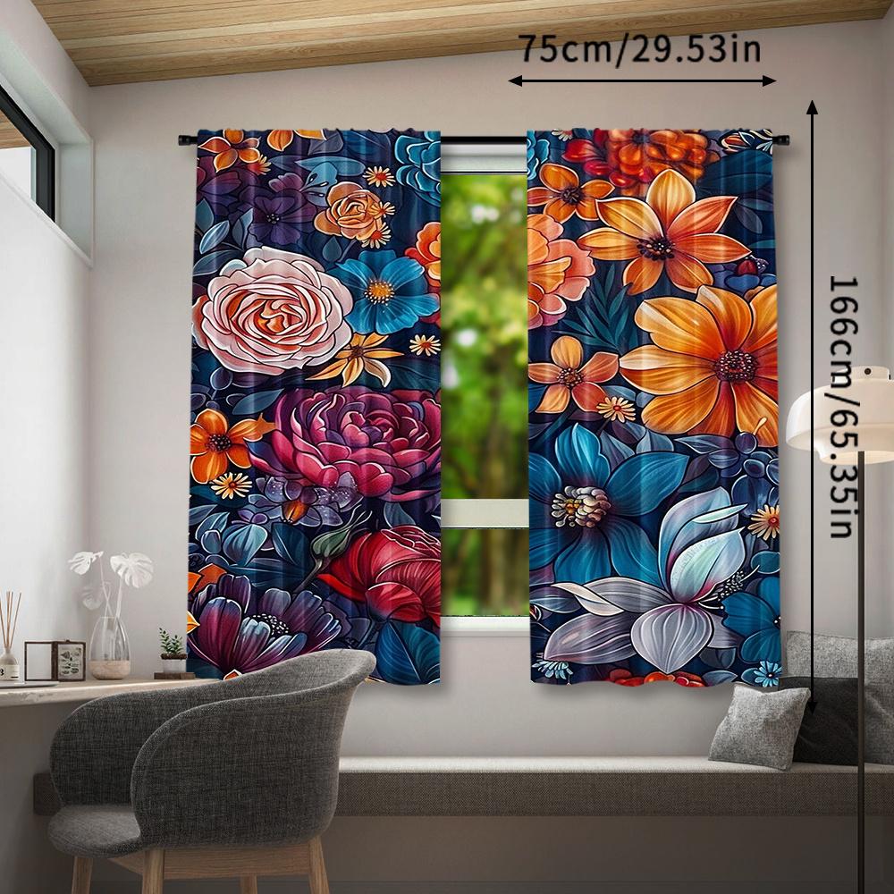 2 Stück Boho Blumenfenstervorhänge - Lebendiges Orange   Blau & Rosa Blumendesign   Stangentasche für Schlafzimmer   Wohnzimmer   Set