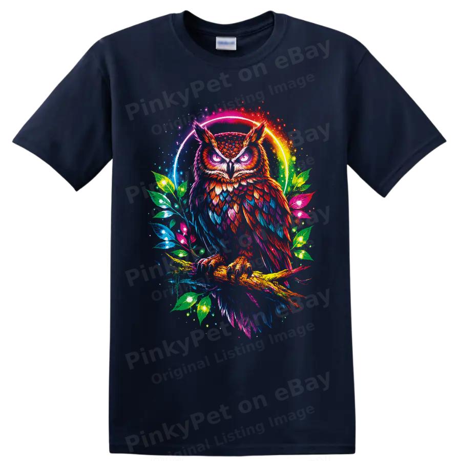 Colorful Owl T Shirt Neon Rainbow Forest Bird Art Graphic Nature Lover Wild Tee