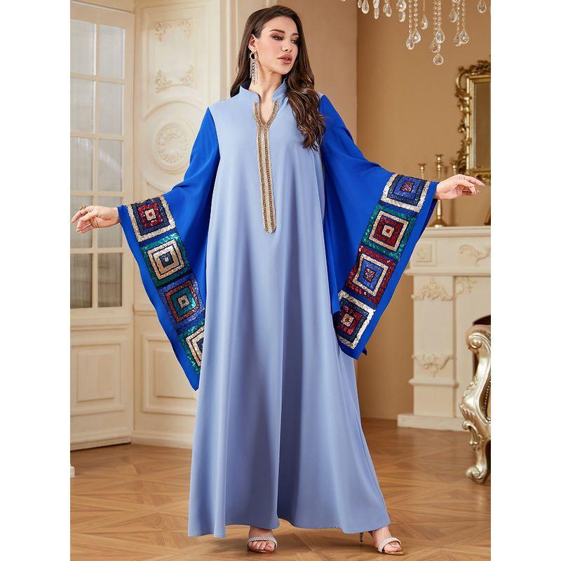 Dubai Southeast Asia Clothes Loose Robe Contrast Color Sequined Embroidered Middle East Formal Dress Dress Dubai Dress