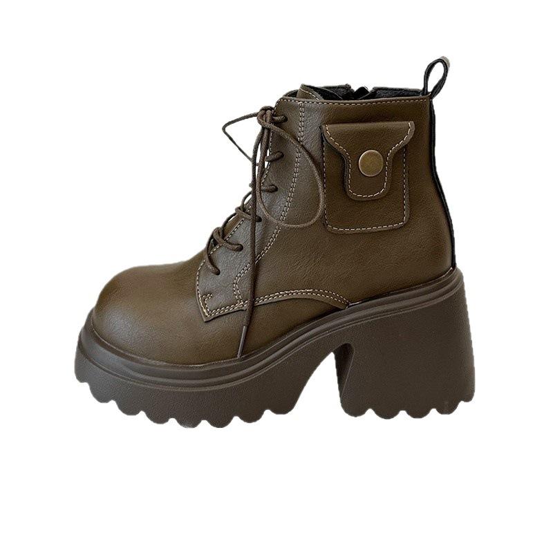 Stora brittiska högklackade korta stövlar dam höst nya retro muffin små tjockbottnade tunna Martin-stövlar