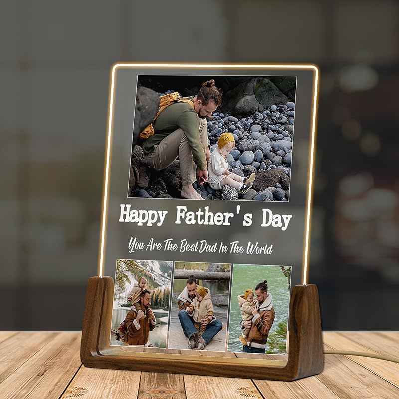 Custom Father's Day Gift for Dad, Photo Acrylic Plaque Personalized Night Light, Walnut Photo Frame with Night Light, Unique Romantic Birthday