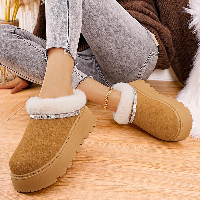 Fashion Crystal Strap Fur Ankle Boots Women Warm Short Plush Platform Snow Boots Woman Comfort Non Slip Thick Sole Cotton Shoes