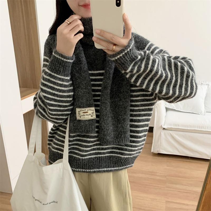 

Gentle wind round neck color matching striped pullover sweater women s autumn and winter new loose and versatile knitted sweater free scarf average size