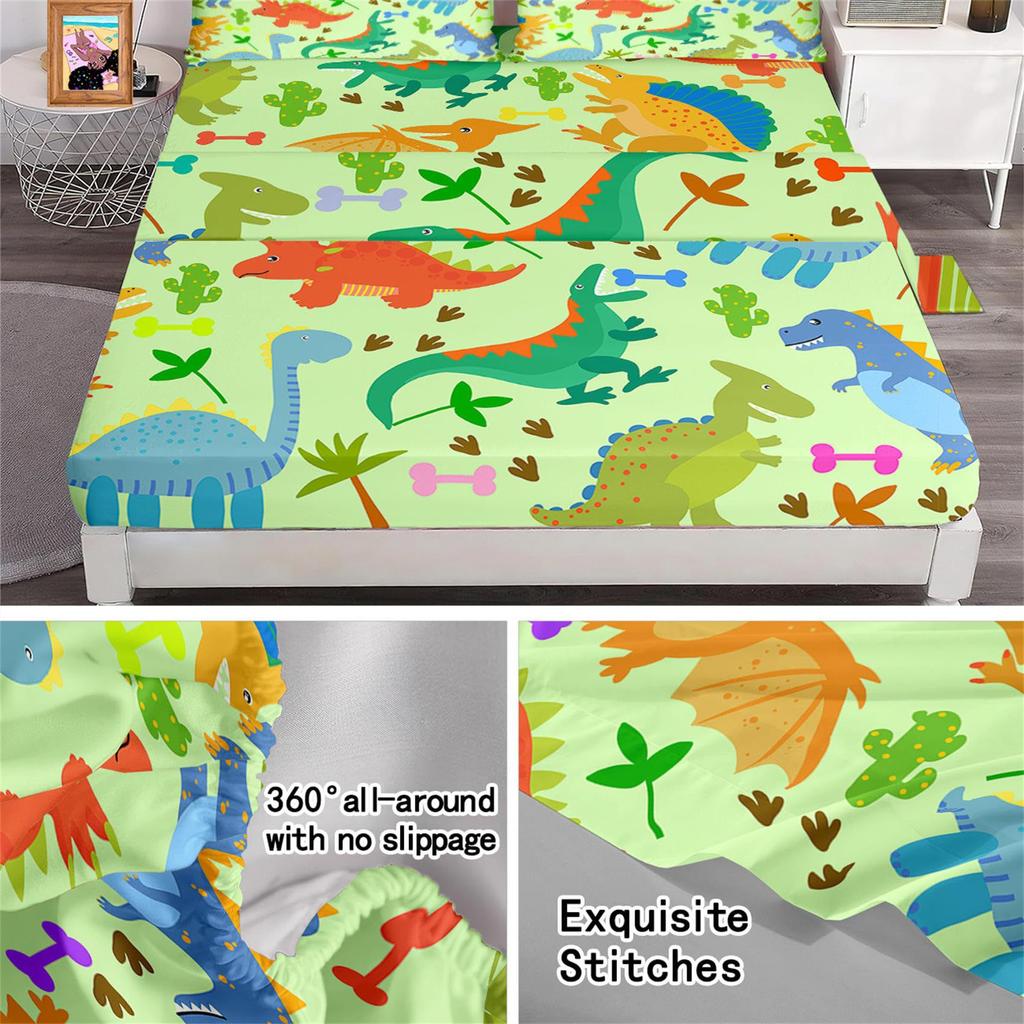 Cartoon Little Dinosaur Pattern Bed Hat Four-Piece Bedding Set Bedroom Dormitory Bedding Decoration