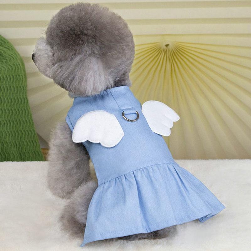 Dog Clothes Light/Deep Blue Denim Puppy Summer Clothes Wings Decor Clothing Dog Dresses Apparel Dog Harness Clothes Girls Dress