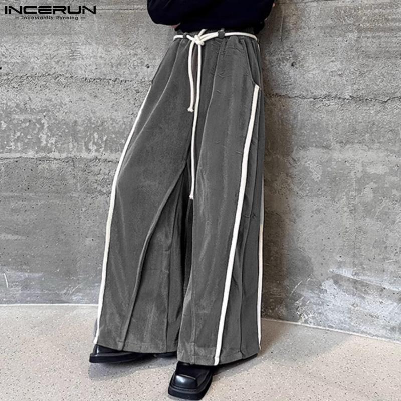 INCERUN Men Drawstring Elastic Waist Corduroy Trousers Side Patchwork Casual Pants With Pockets