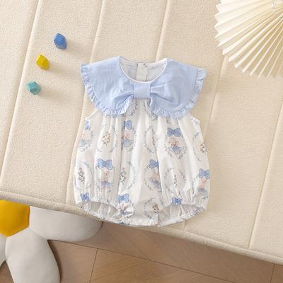 Baby Girl Summer Sleeveless Romper Single Breasted Bow Tie Collar Block Wide Strap Newborn Onesie Jumpsuit