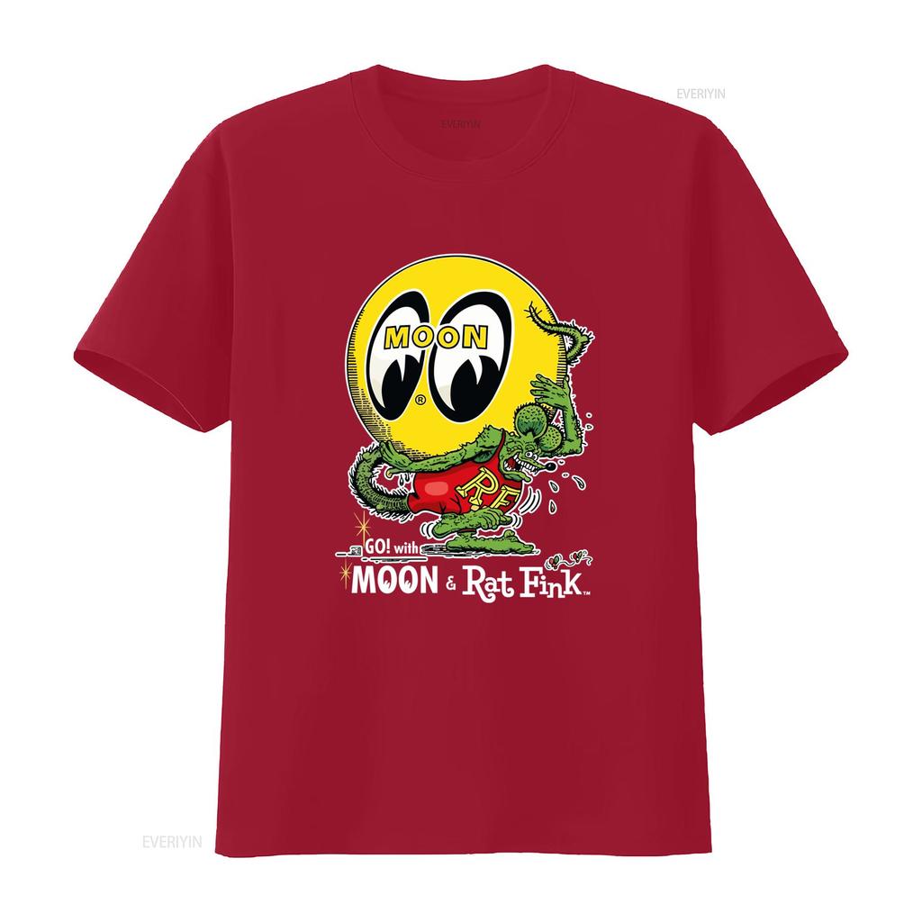 MoonEyes Go With Moon Rat Fink Cotton T Shirt Retro Eyeball Design for Mens Fashion vintage Washed Casual streetwear Stretched