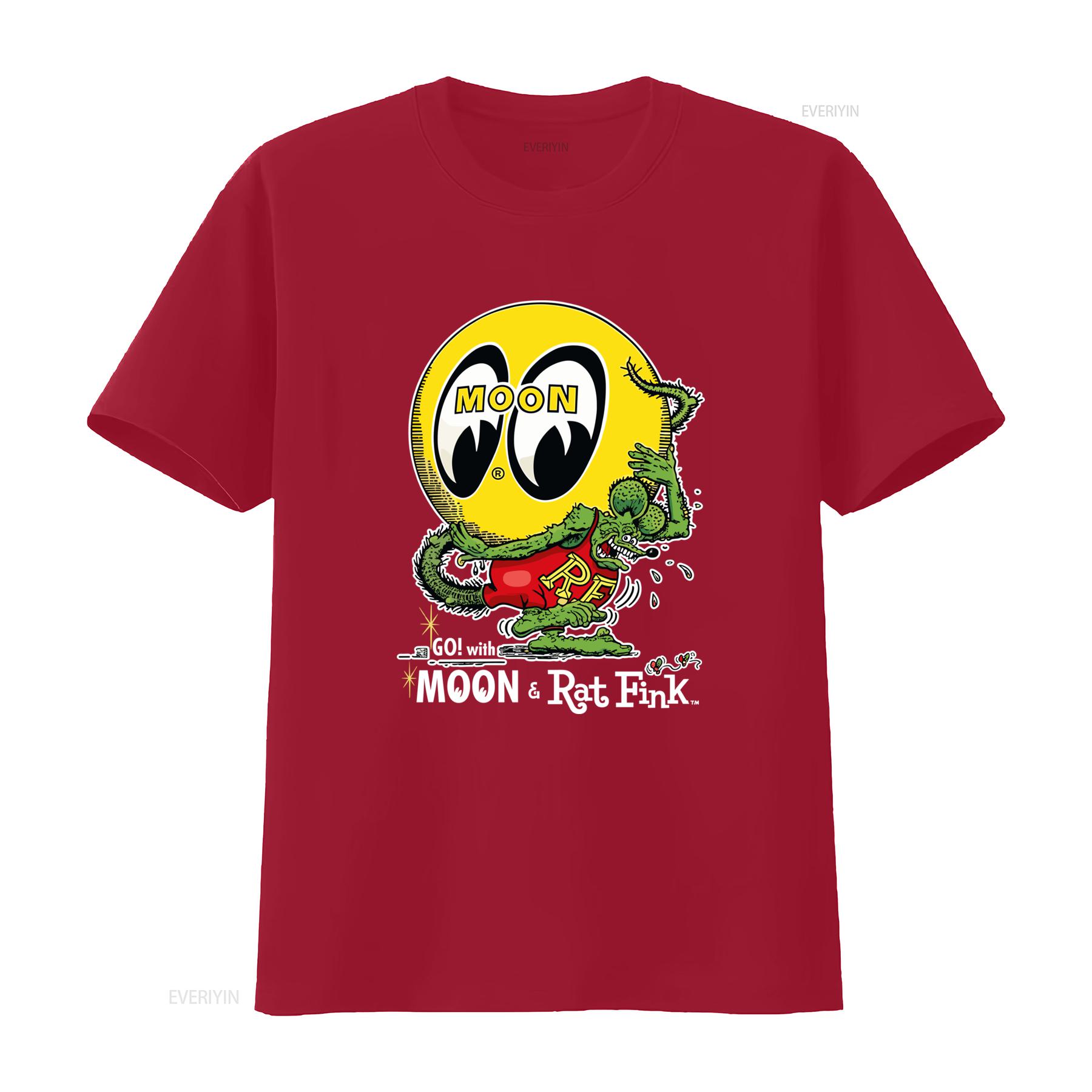

MoonEyes Go With Moon Rat Fink Cotton T Shirt Retro Eyeball Design for Mens Fashion vintage Washed Casual streetwear Stretched S