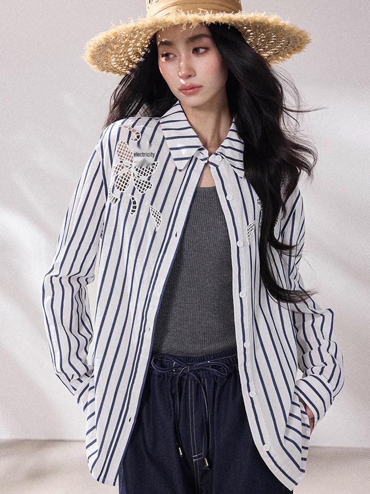 Shengdu 26 Spring Luxury Design Floral Embroidery Striped Shirt One Size