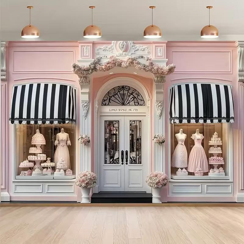 2D Bridal Shop Tapestry, Pink Parisian Store with Wedding Dresses and Cakes 47.2x31.5inch/120*80cm