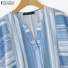ZANZEA Women Summer V-Neck Loose Irregular Stripe Short Sleeve Blouse