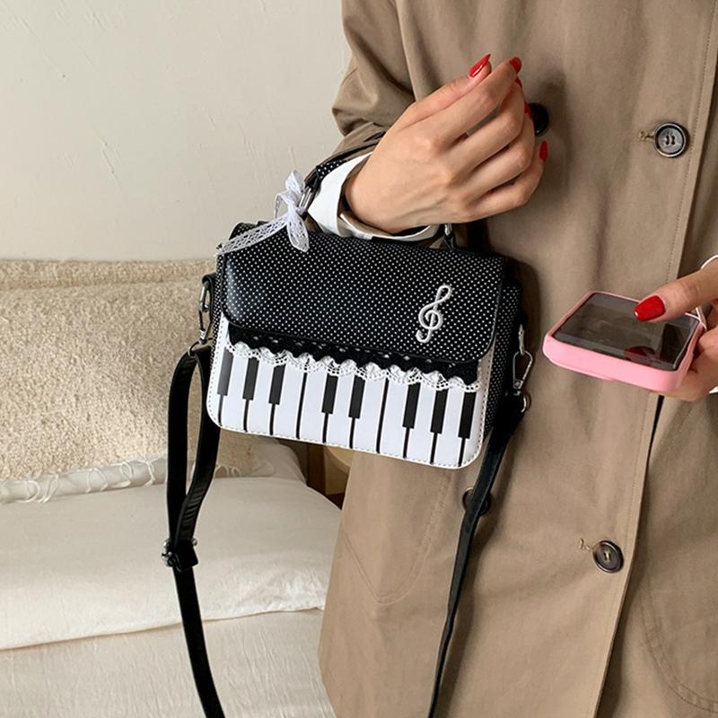 Girls Polka Dot Piano Key Handbag Black And White Retro Shoulder Bag Fashion Y2k Large Capacity Briefcase Lace Bow Cute Ita Bag