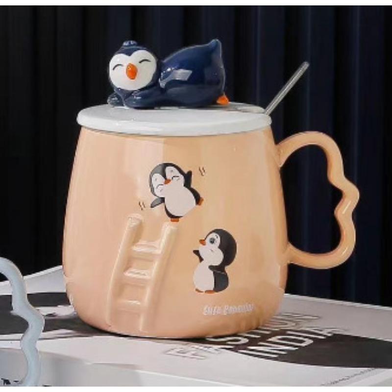 Ceramic Cup with Lid Creative Cartoon Three Dimensional Relief Penguin Mug  Office Home  Student Gift and Souvenir