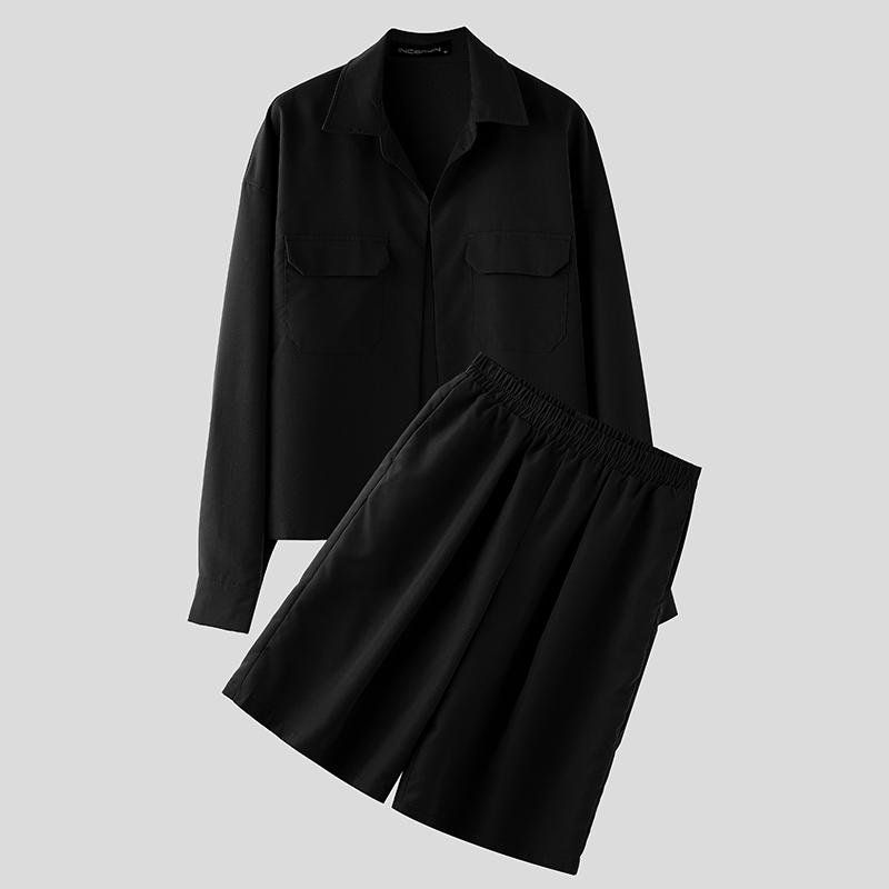 

INCERUN костюм из двух частей для мужчин с воротником-лацканами и длинным рукавом, рубашки и брюки, комплекты одежды XL чёрный