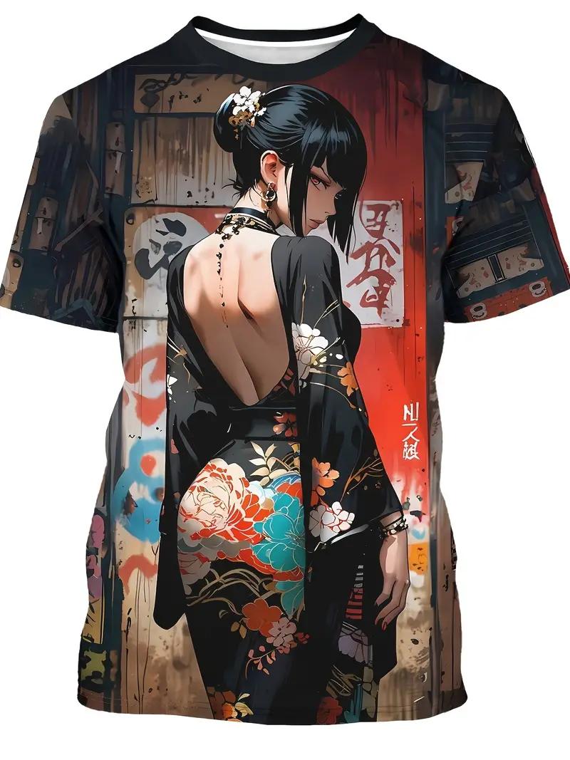 Men s Anime Samurai Girl 3D Printed T-shirt Fashion Street Trend Round Neck Clothing Japanese Korean Style Short Sleeve Tops 4XL