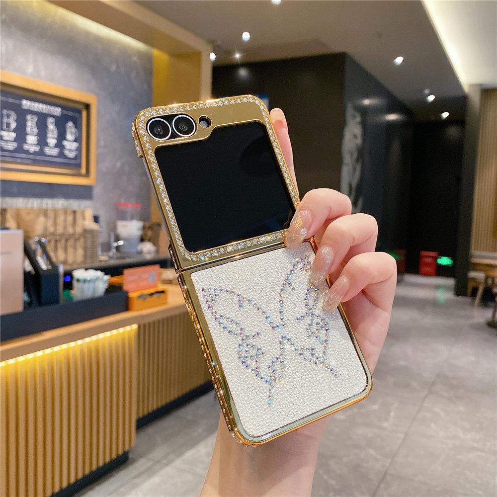Glitter Bling Diamond Electroplating Phone Case For Samsung Galaxy Z Flip 6 Flip 5 Flip 4 3 Butterfly Bear Leather Cover