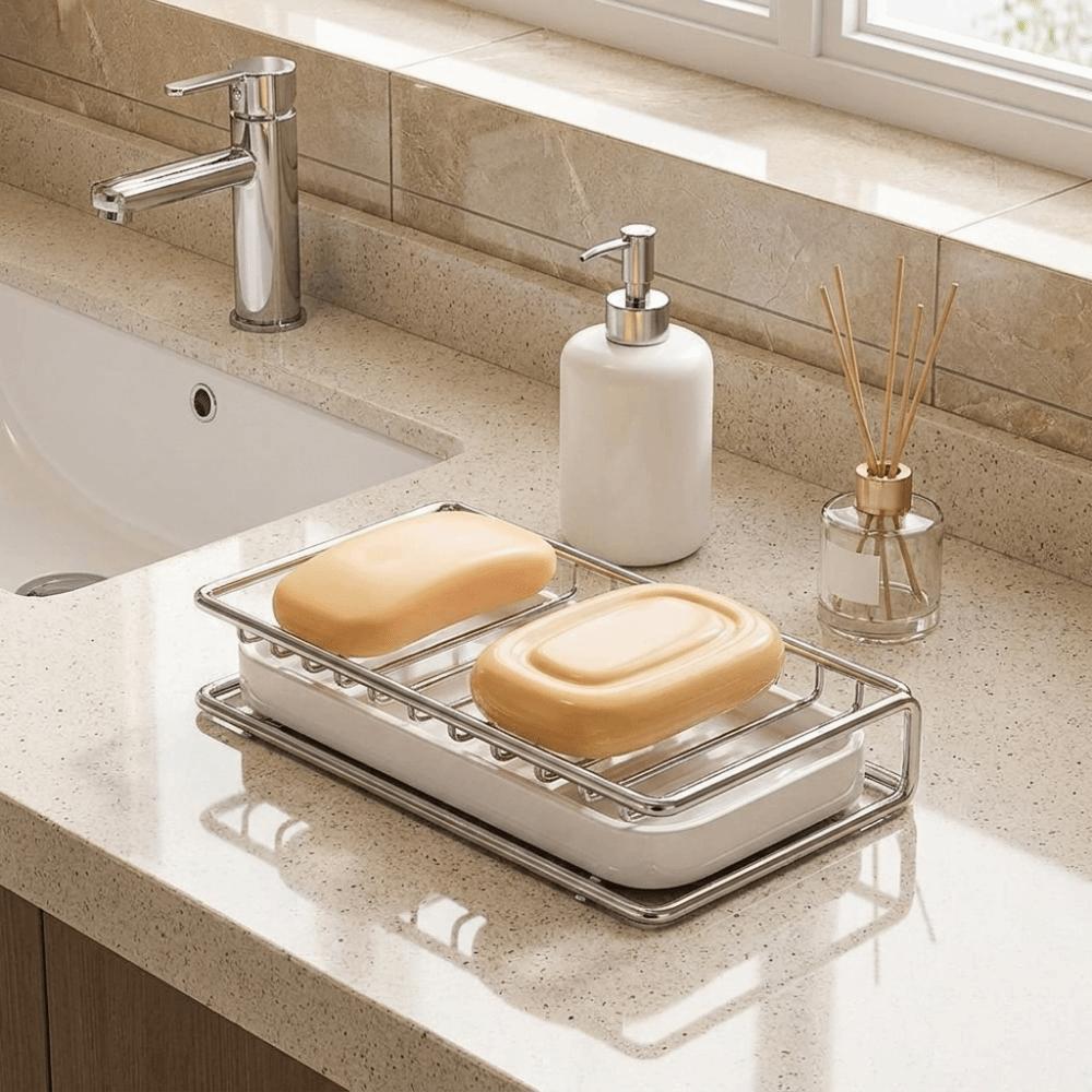 Rust-resistant Soap Rack with Drainage Tray Space Saving Soap Holder Sink Drain Rack  Bathroom