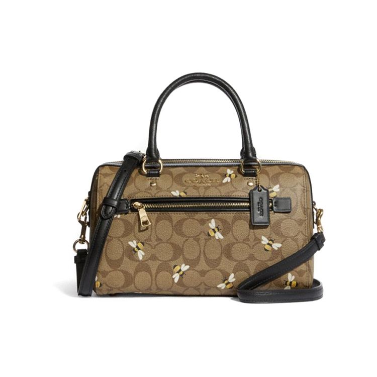Coach Rowan 27 Classic Monogram Color Block Bee Print Top Handle Zip Canvas And Leather Pillow Bag Women Shoulder Bag Khaki Black C8591-IME7V Basic Set (Bag+Dust Bag)