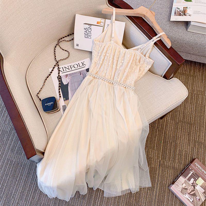 2026 Summer Fairy Chic Slimming Maxi Dress with Mesh Waist-cinching Suspender Style