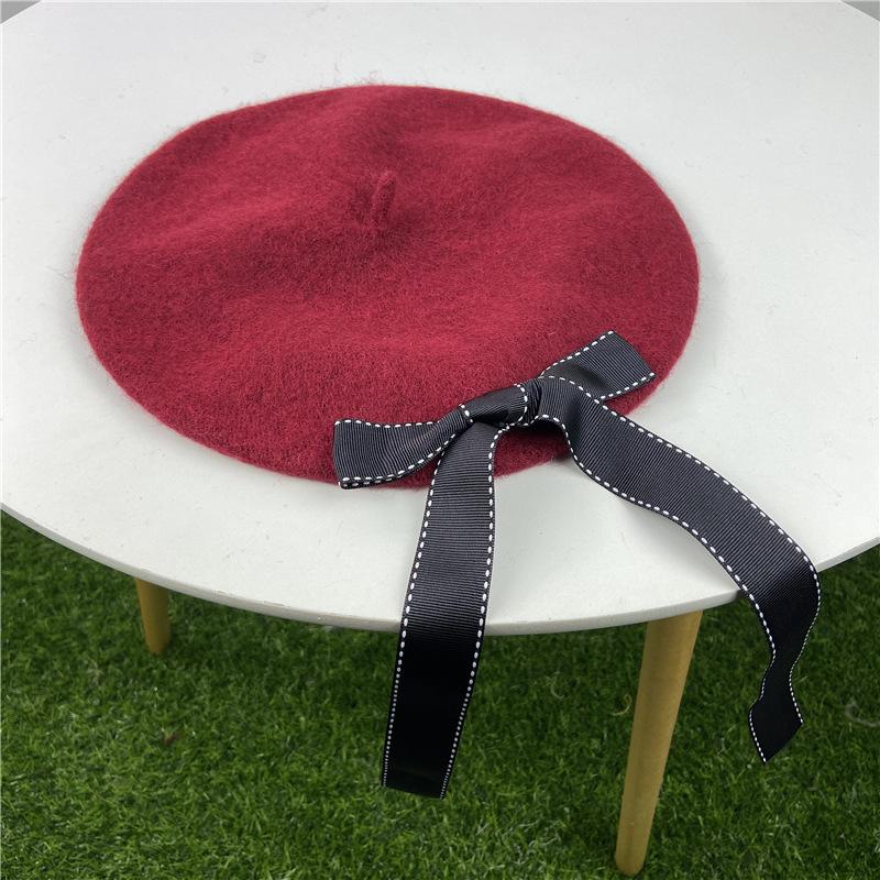 New Harajuku Bow Wool Beret Tide Ladies Autumn Winter Bud Painter Hat Versatile Black