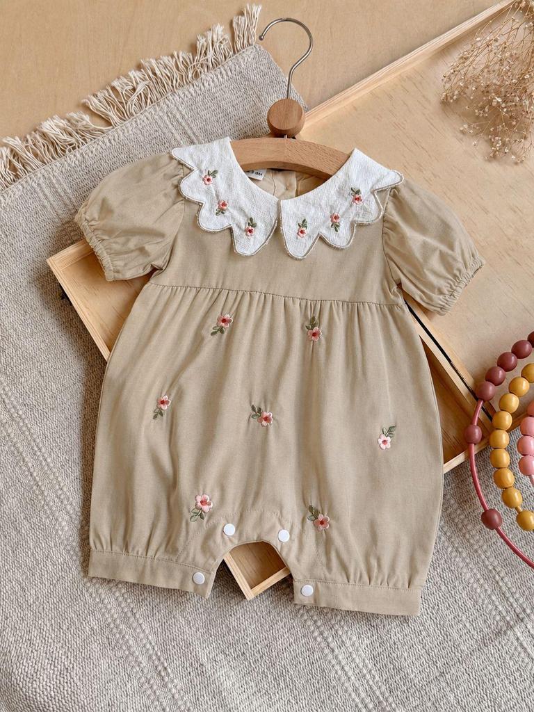 Floral Print Khaki Newborn Romper with Doll Collar - Summer Outdoor Jumpsuit