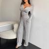 Europäischer & Amerikanischer Stil Solides Knopfleisten-Bodycon-Top & Extra Lange Hose Zweiteiler für Damen