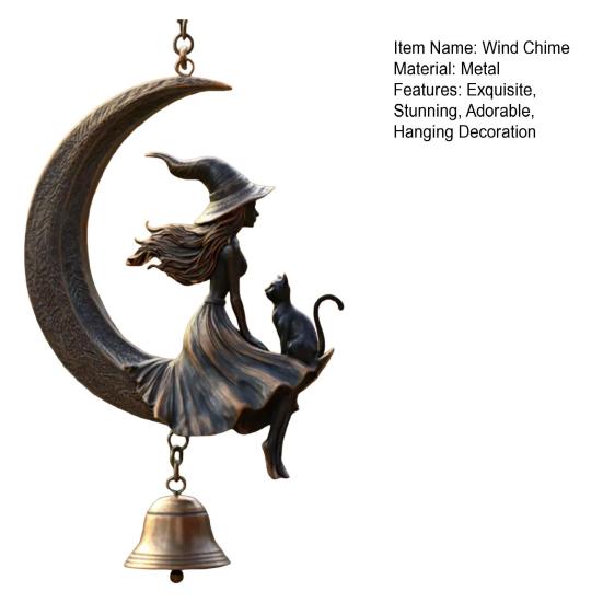 Witch Black Cat Moon Wind Chime Halloween Hanging Metal Wind Bell Ornament with Moon And Cat for Outside Patio Lawn Yard Pathway Garden Porch Decor