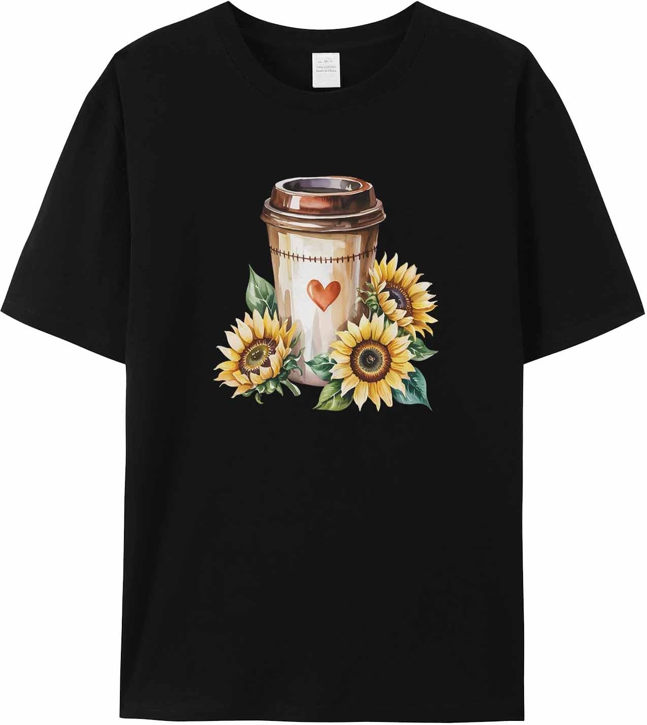 

T Shirts for Women Graphic Tees Sunflower Crew Neck Short Sleeve Shirts for Women Heart Cup Casual T-Shirt 5XL різнокольоровий