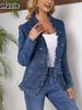 Dark Blue Ruffle Denim Jacket for Women - Lapel Single-Breasted Long Sleeve Slim Fit French Style Coat