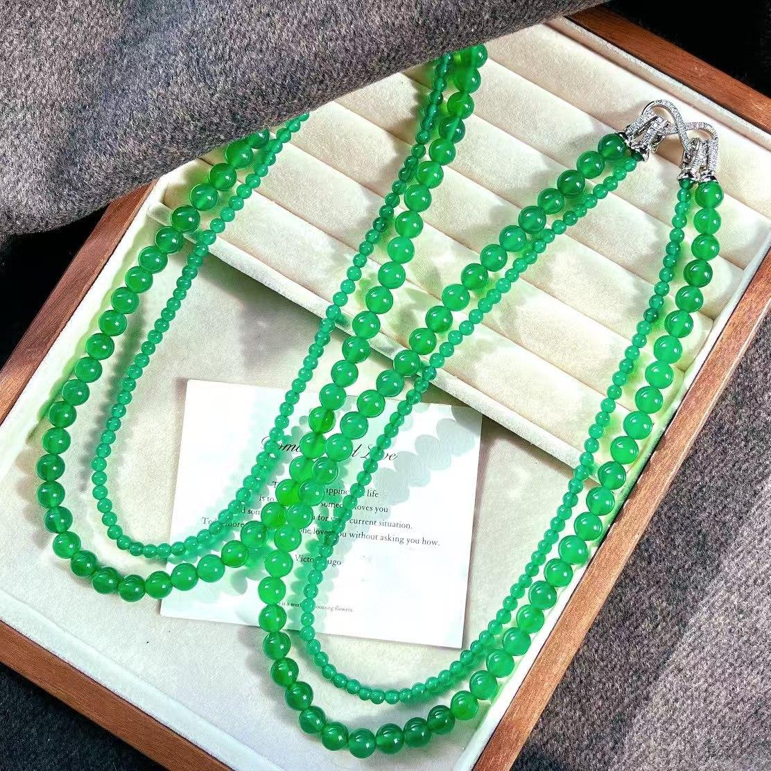 High Quality Vitreous Regal Green Natural Chalcedony Agate Removable Sweater Chain Necklace Collarbone Chain