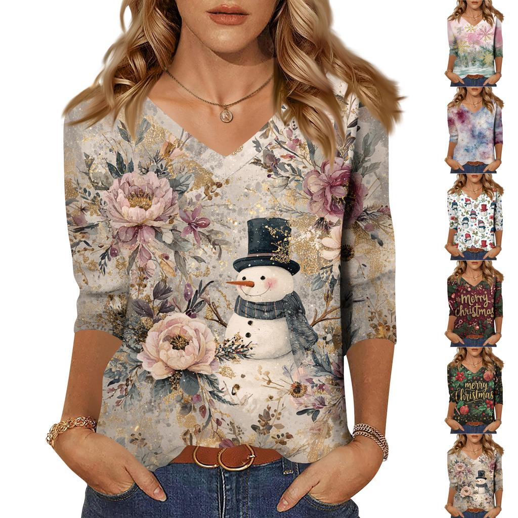 Women's Tops Three-quarter Sleeve Shirt V-neck Loose Casual Shirt Print T-shirt