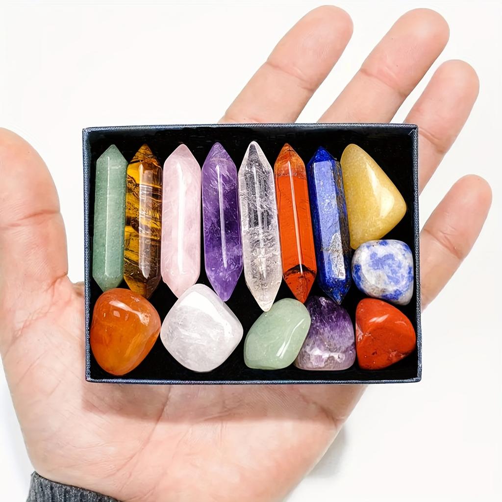 14pcs Natural Stone Double Terminated Points Irregular Tumble Pebble Black Box Set Holiday Gift Box Tiger Eye Rose Quartz