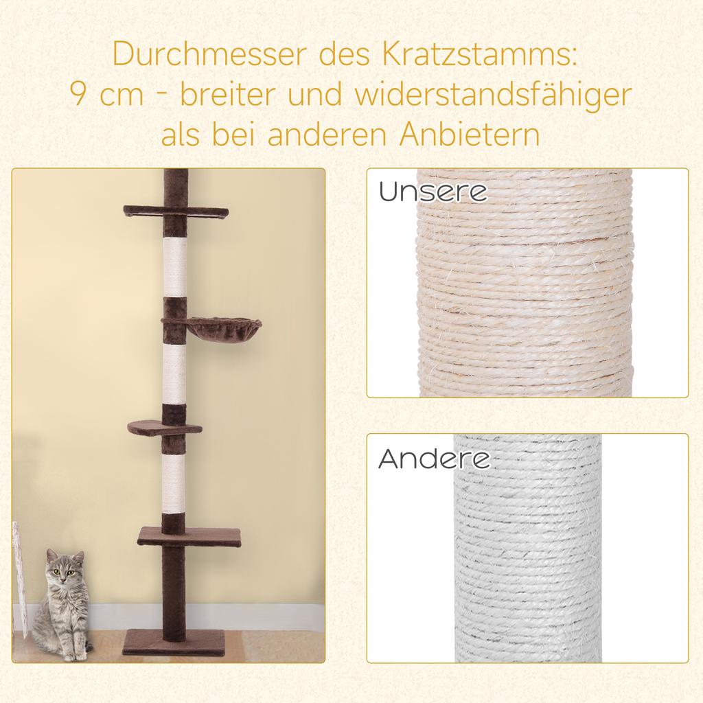 Floor To Ceiling Cat Tree 230-260cm Height Adjustable, 5-Tier Cat Tower with Scratching Posts, Hammock, Perches