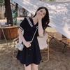 Black Academy Short Sleeve Navy Collar Dress Women's Summer Temperament Waist Skinny Waist Pinch Waist Short Skirt