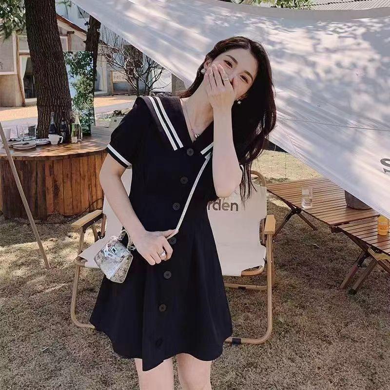 Black Academy Short Sleeve Navy Collar Dress Women's Summer Temperament Waist Skinny Waist Pinch Waist Short Skirt