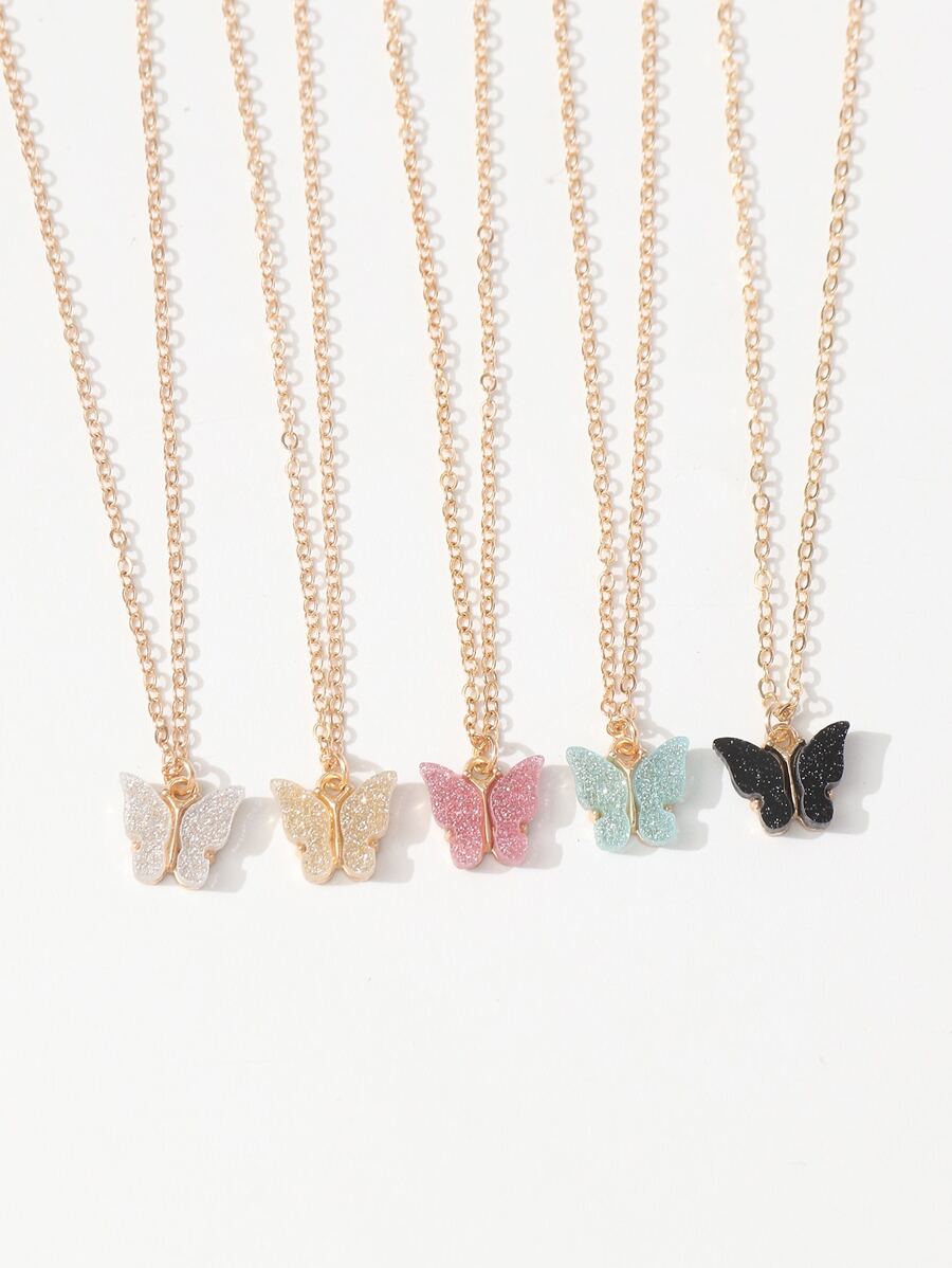 5pcs Fashionable Minimalist Chain Cute Glitter Butterfly Pendant Necklace Set For Women, Versatile Daily Accessory разноцветный