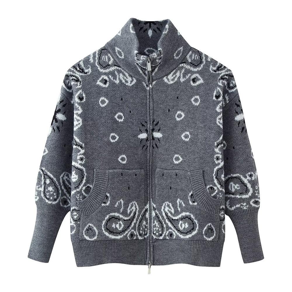 Women Long Sleeve Knit Cardigan Jacket Zipper Decor Geometric Pattern Loose Fit
